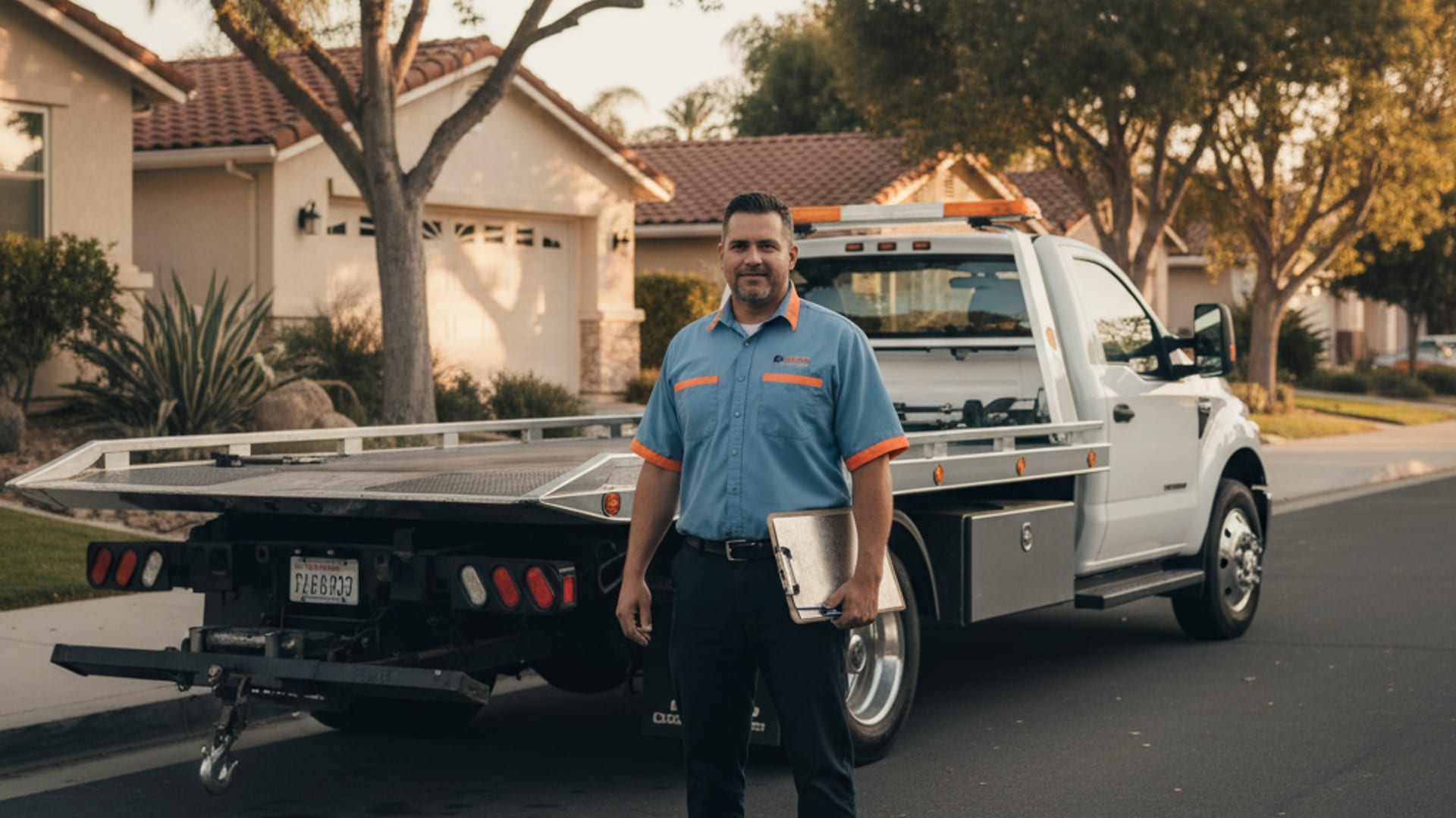 A flatbed rollback parked at golden hour in a Houston residential neighborhood