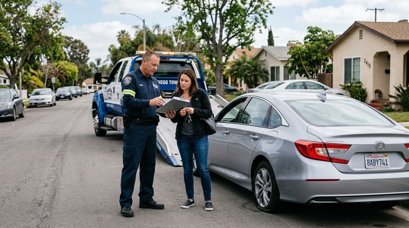 Houston tow operator and customer discussing service options on a freeway shoulder