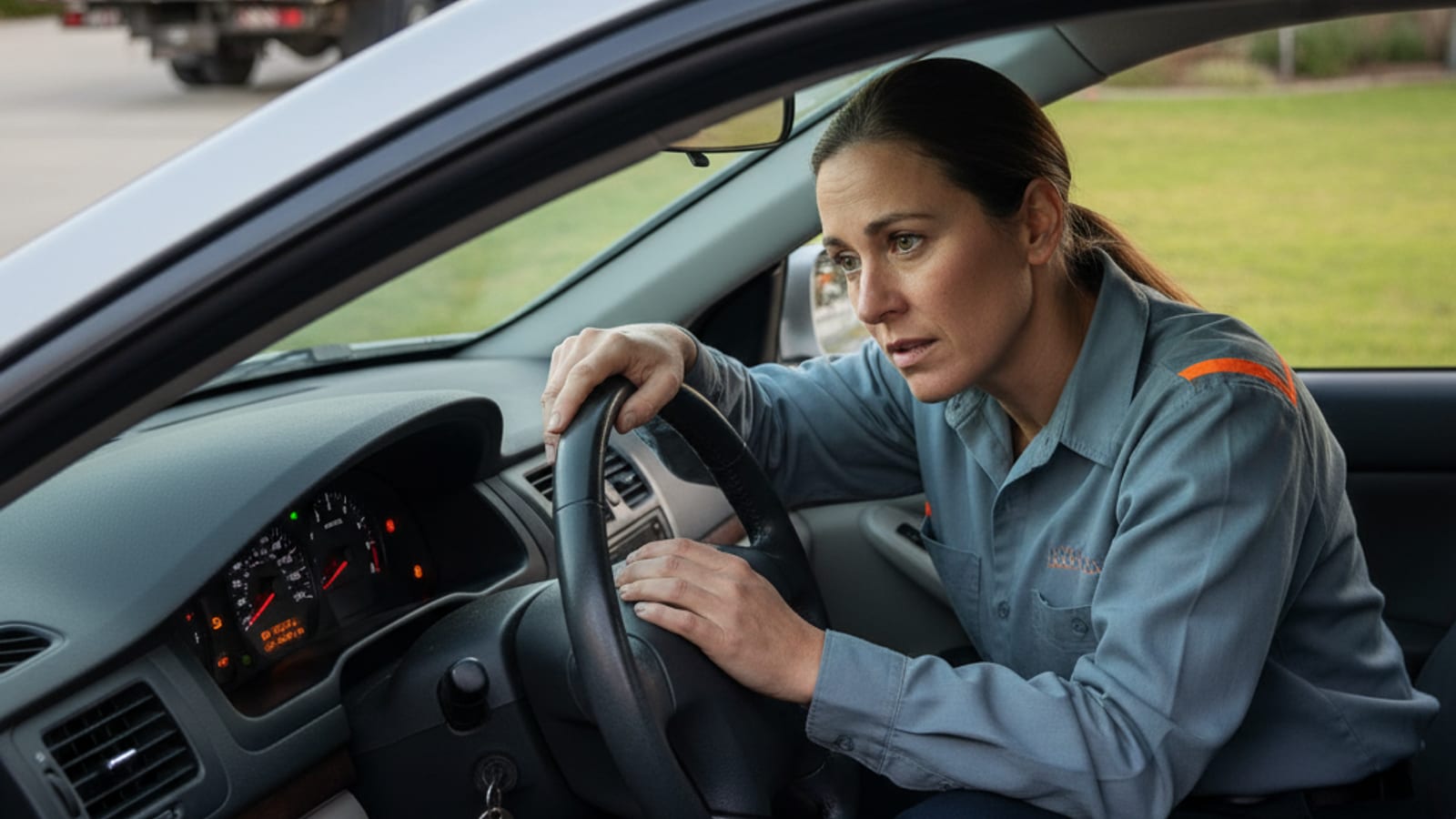 Driver checking dashboard warning lights on a parked car in a Houston driveway