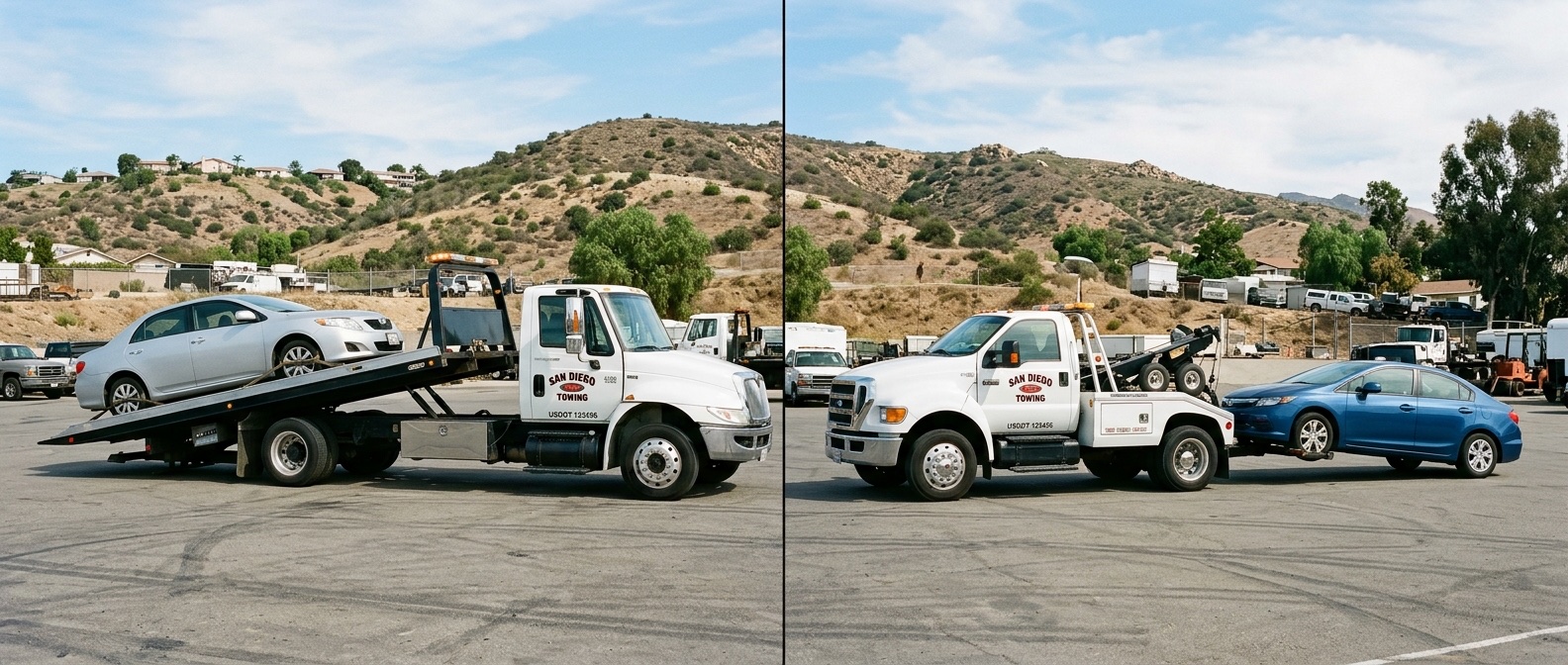 Side-by-side comparison of a flatbed tow truck and a wheel-lift tow truck loading vehicles in a Houston service yard
