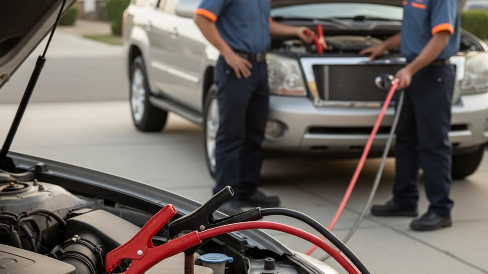 Close-up of jumper cables connected between two car batteries with the donor vehicle running in a Houston driveway