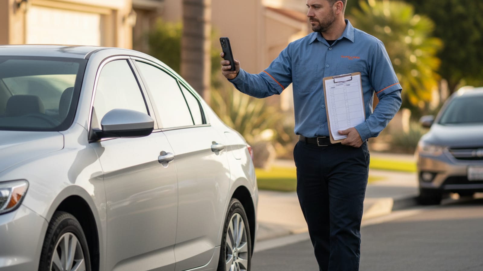 Driver walking around their vehicle making notes before a scheduled tow in a Houston residential street