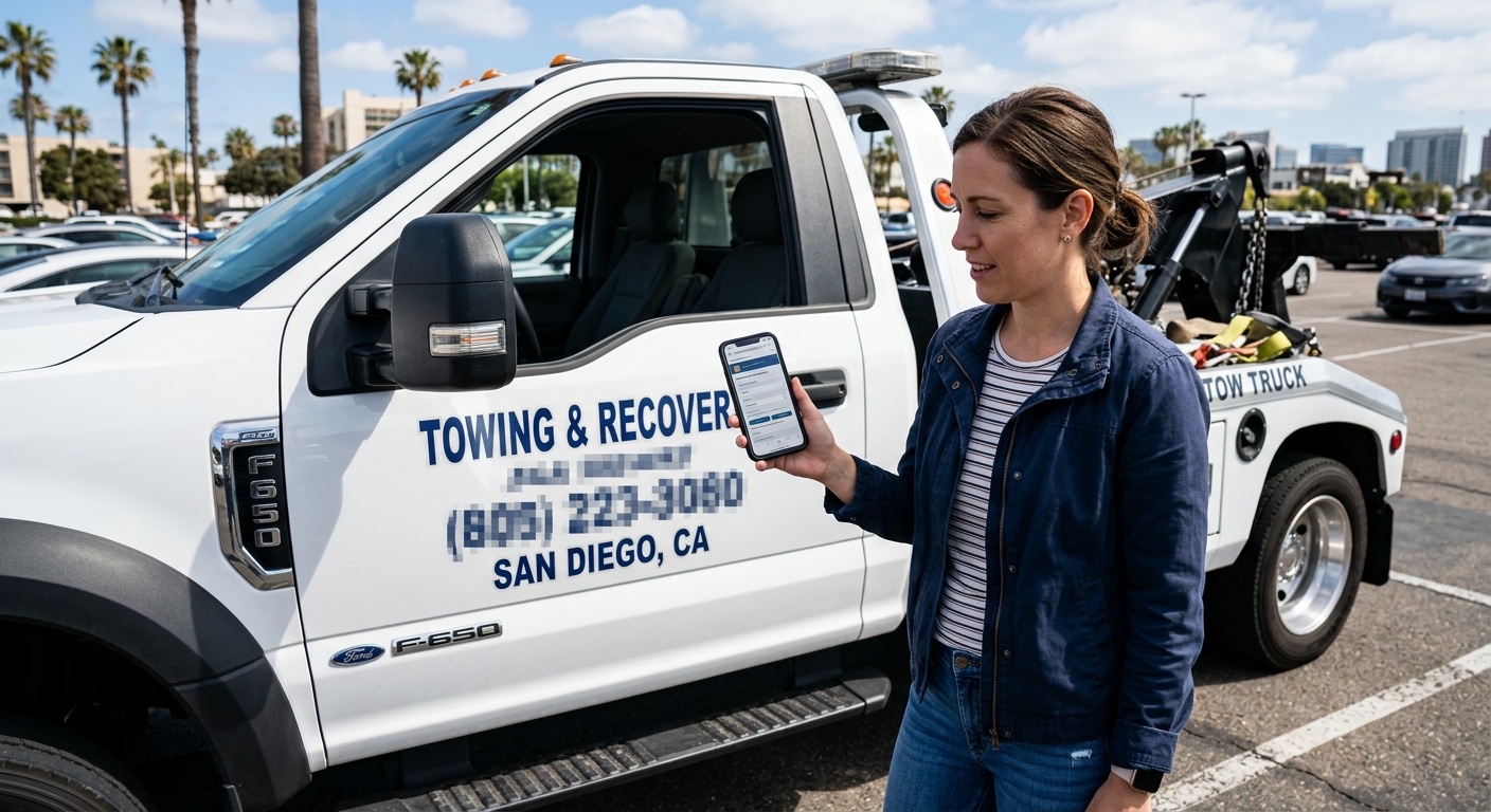 Customer checking a tow operator credentials and TDLR license number on a smartphone in a Houston parking lot