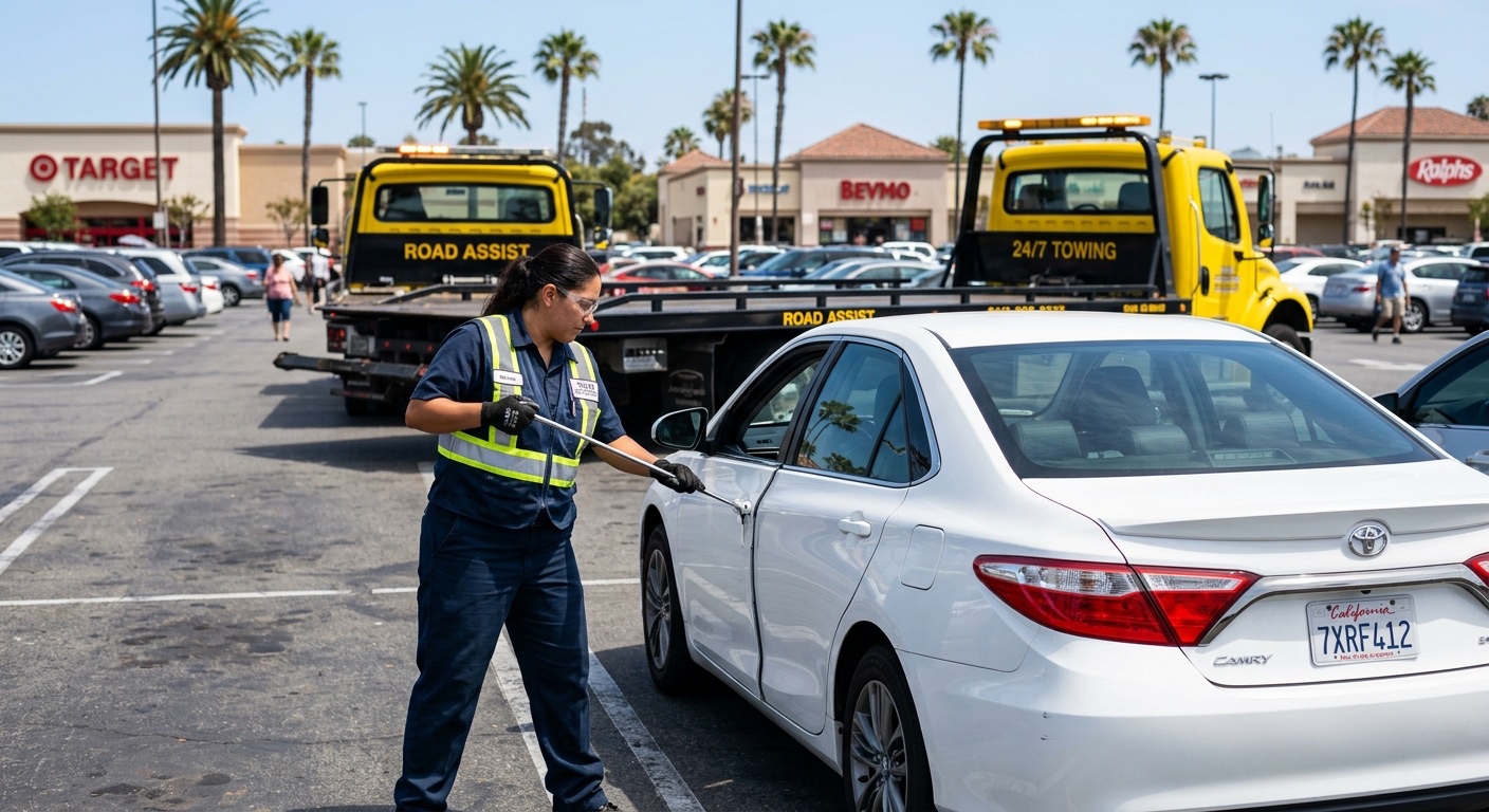 Driver using a long-reach lockout tool to unlock a sedan in a Houston shopping center parking lot
