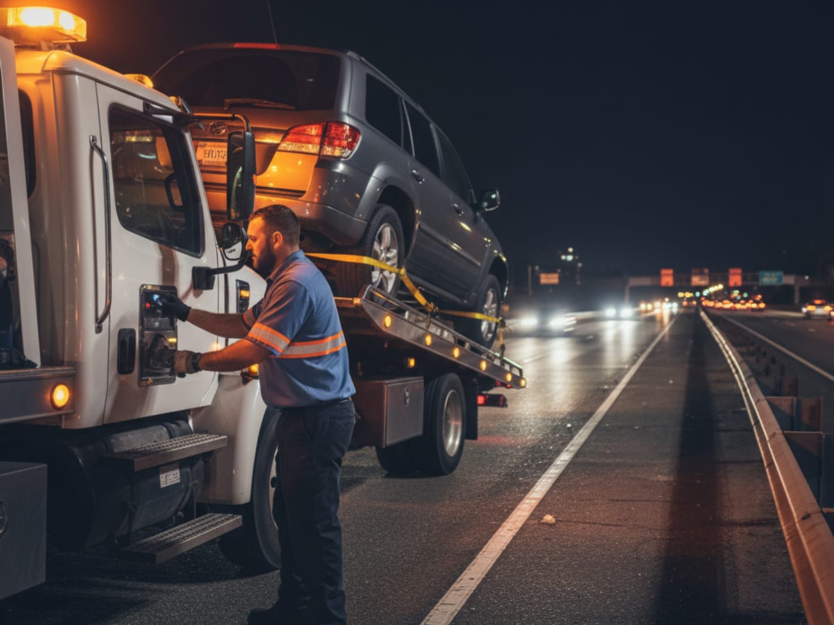 Flatbed driver loading a disabled SUV on a Houston freeway shoulder at night
