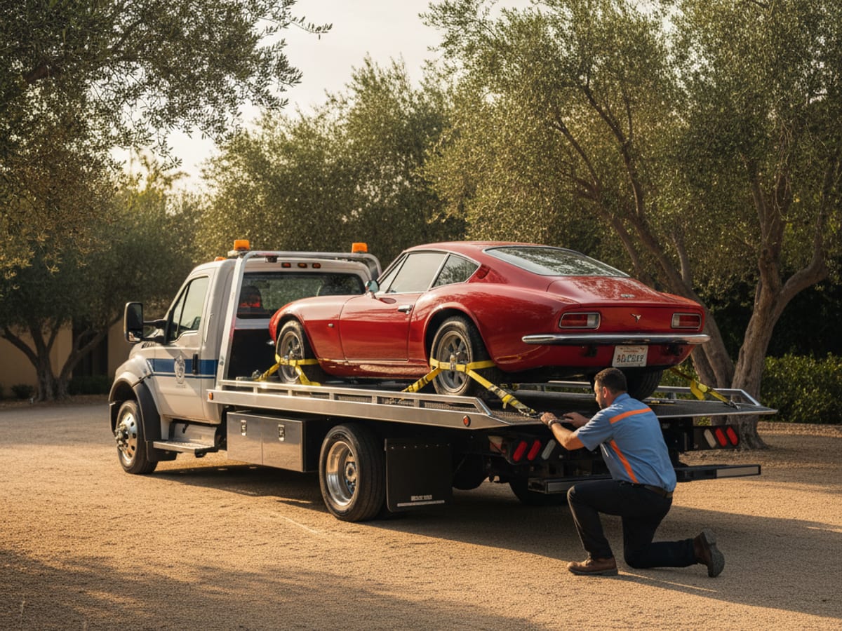 Low-clearance flatbed carefully loading a classic Porsche with soft-tie wheel nets
