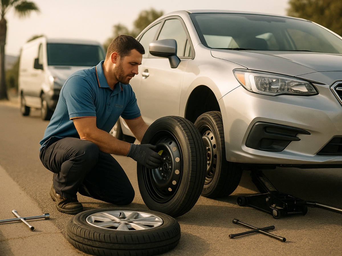 Driver changing a flat tire for the spare on a vehicle pulled onto a Houston street shoulder