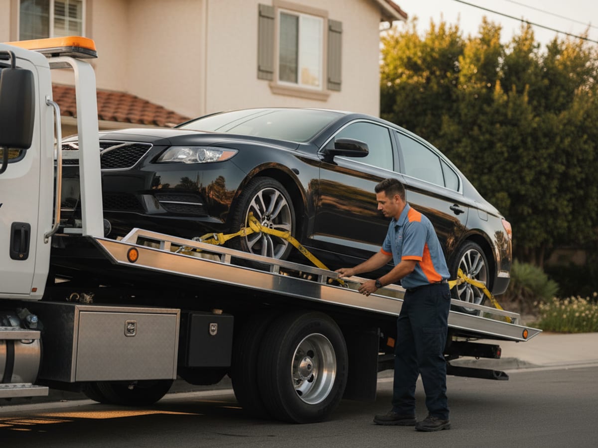 Rollback flatbed loading a Tesla with soft straps on a Houston residential street