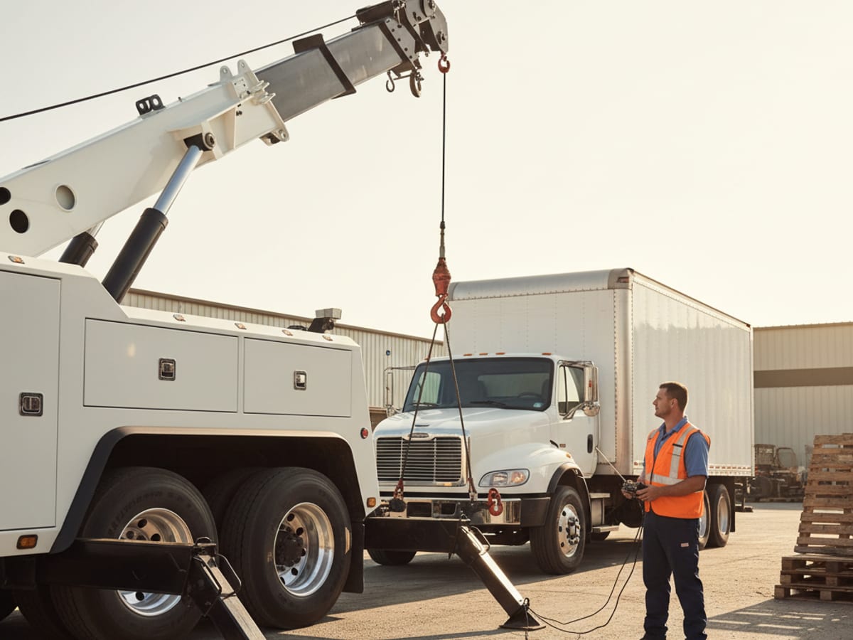 Class 7 heavy wrecker hooking a commercial box truck on a Houston industrial lot