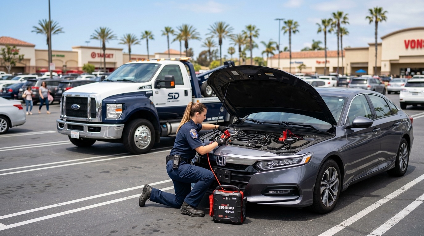 Driver connecting a commercial jump pack to a dead battery in a Houston parking lot during daylight
