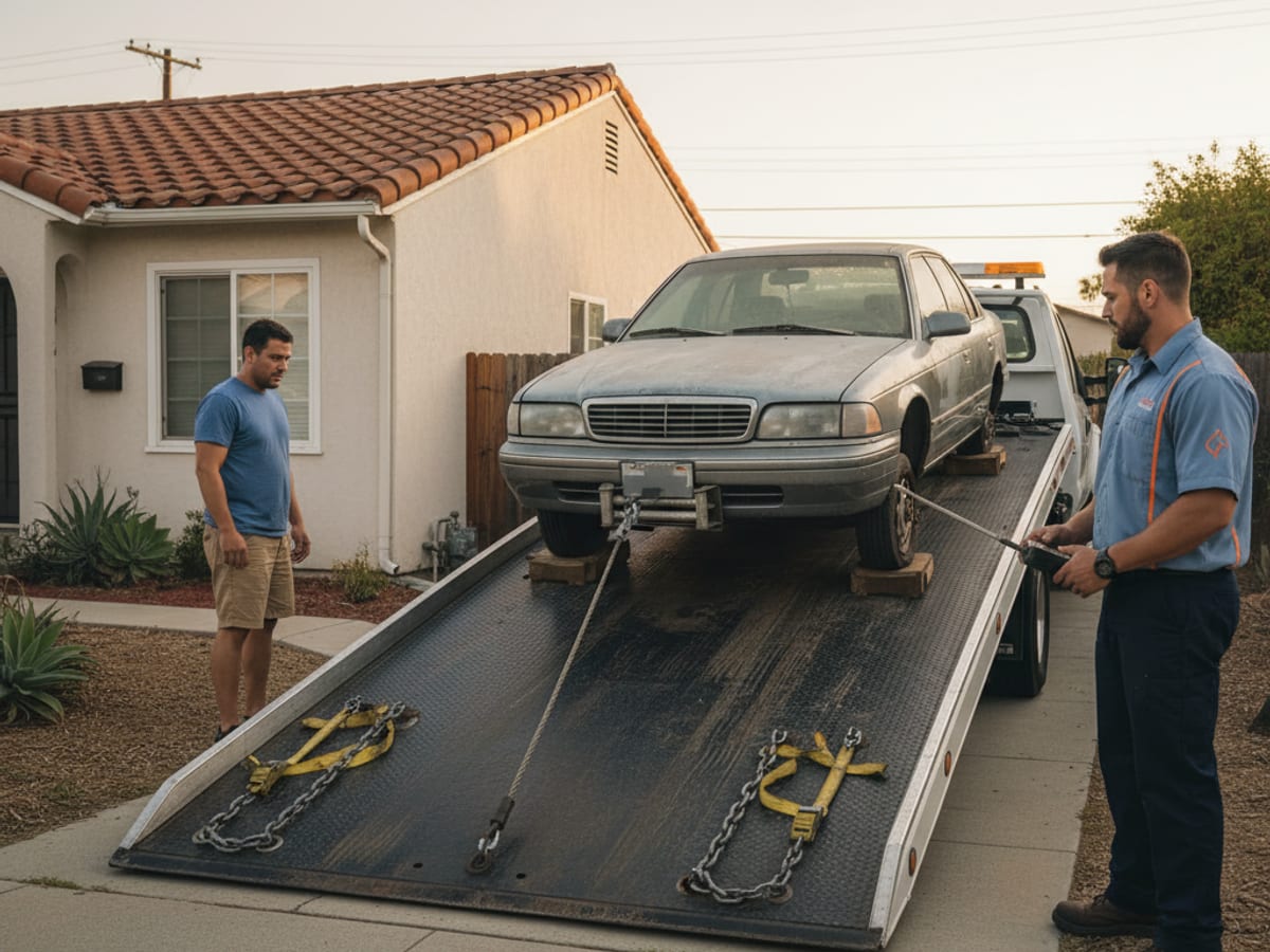 Flatbed loading a non-running sedan from a Houston residential side yard