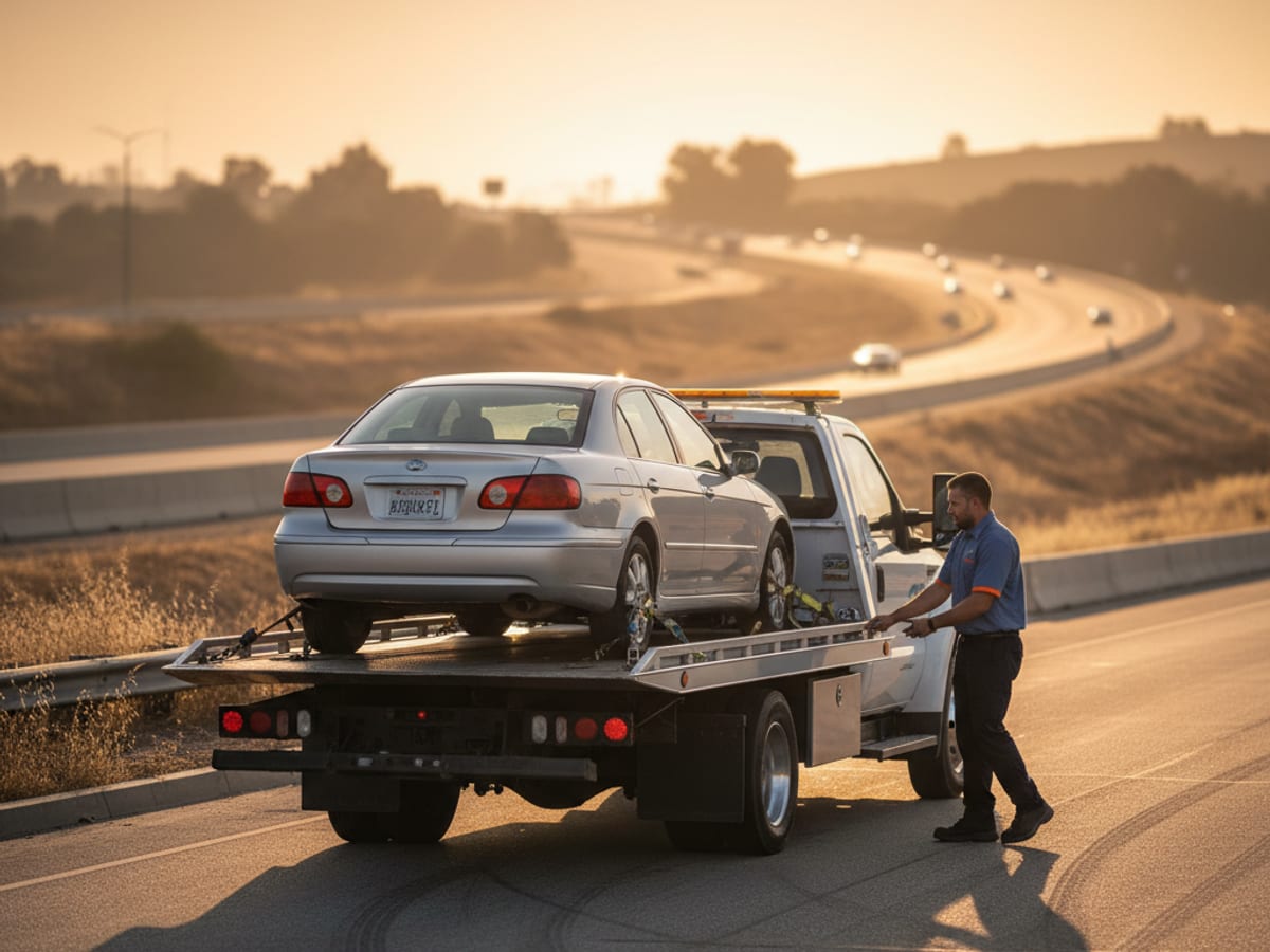 Flatbed driver preparing for a long-distance interstate tow at sunrise