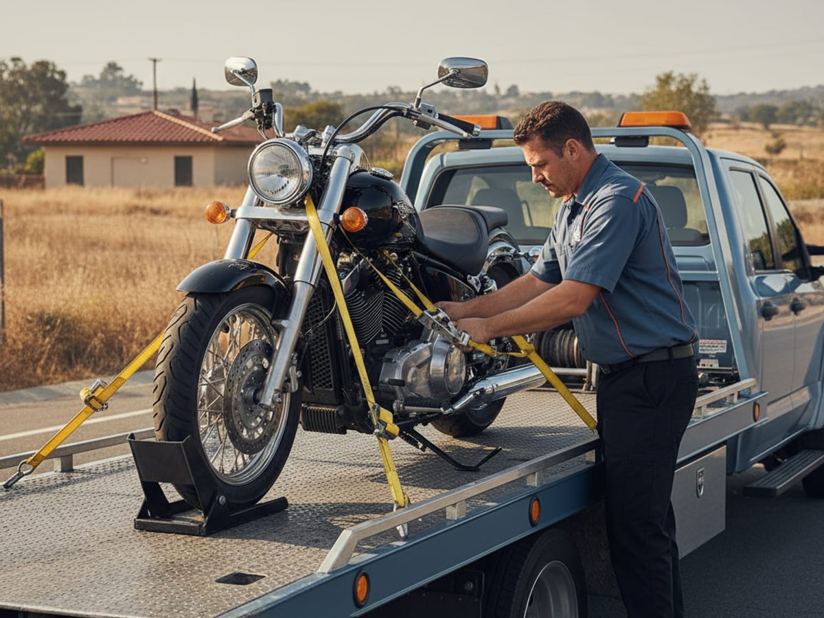 Driver securing a Harley-Davidson cruiser on a low-deck flatbed with soft straps