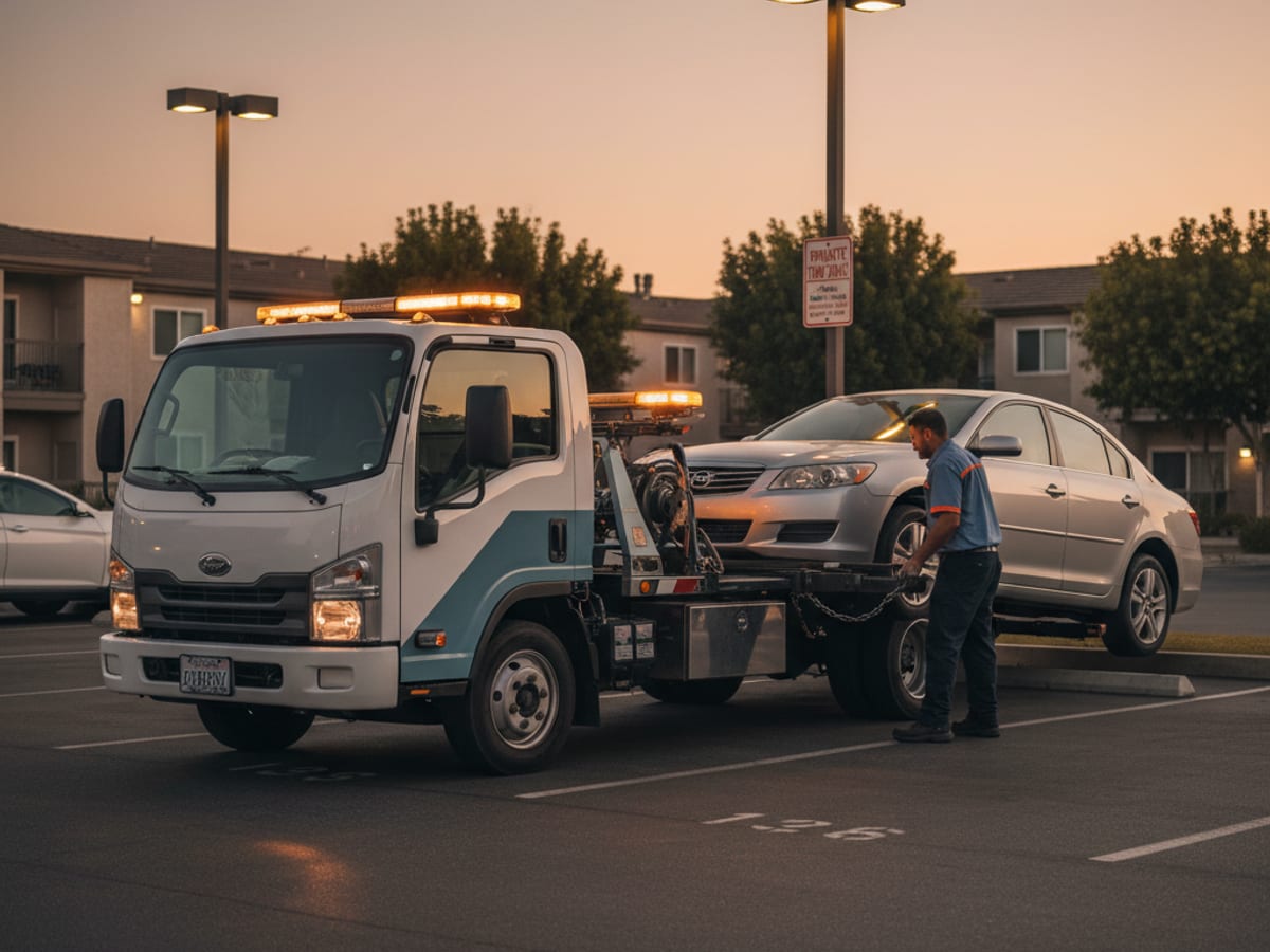 Tow truck working a permit-parking apartment complex lot in Houston at dusk