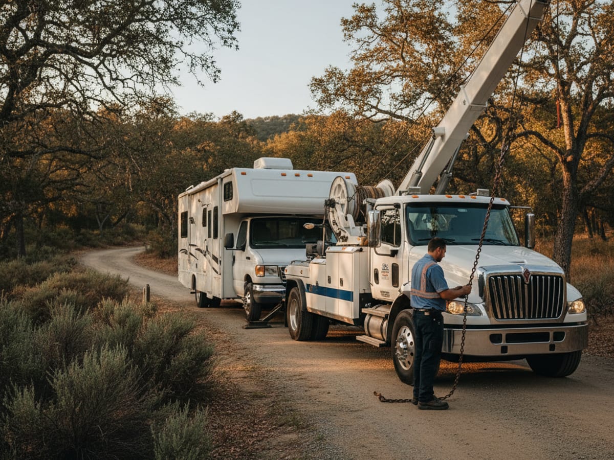 Heavy wrecker towing a Class C RV from a Houston area campground