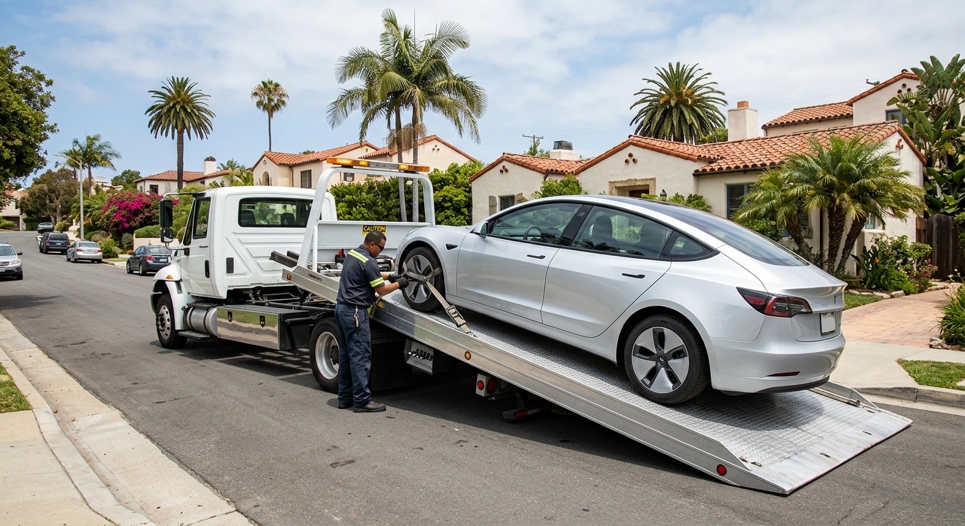 Flatbed loading a Tesla Model 3 with soft straps on a Houston residential street, charge port closed and Transport Mode engaged