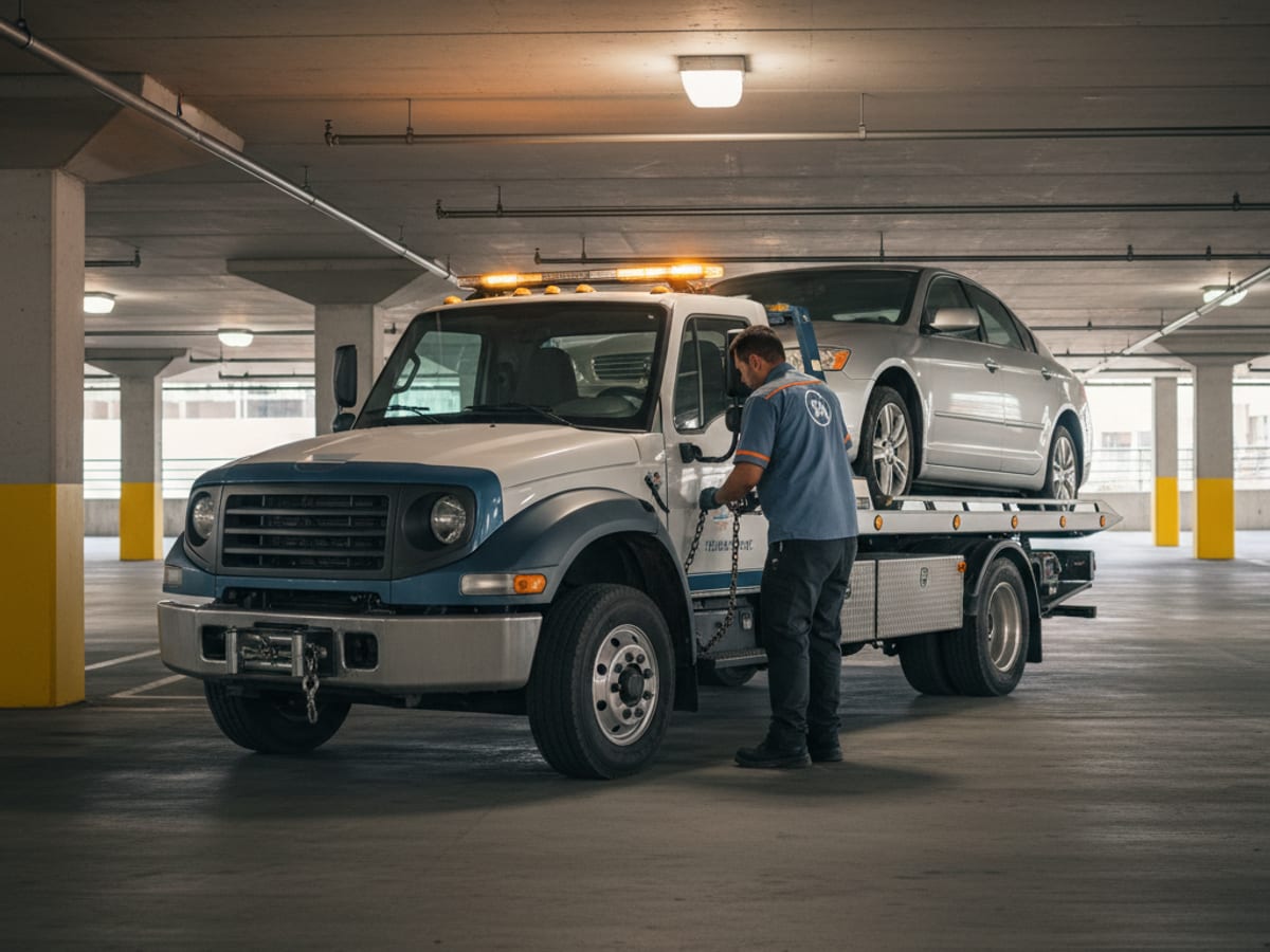 Wheel-lift truck hooking a Honda sedan in a Downtown Houston parking garage